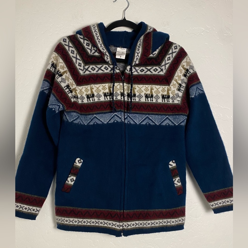 Artesanias Alpaca Wool Hoodie Sweater Womens Sz Small Blue/burgundy Cozy Wear
